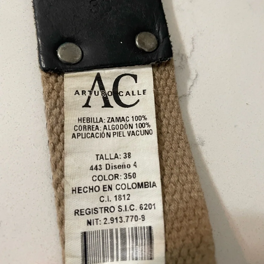 Arturo Calle beige black Woven canvas Striped Belt w Leather trim Men’s size 38